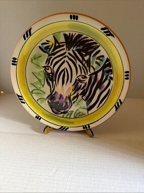 Hand-Painted Zebra Decorative Plate in Yellow and Black